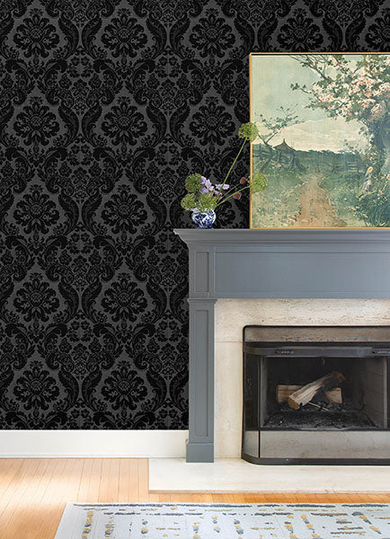 Shadow Black Flocked Damask Wallpaper 4147-87391