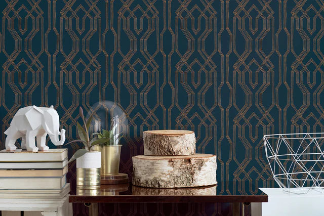 York Oriental Lattice Blue & Gold Wallpaper AF6561