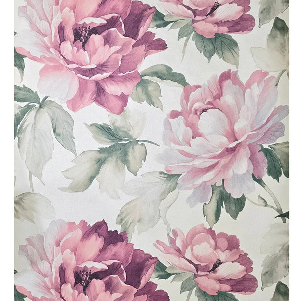 CB90019 Floral off white green pink large peony flowers focal botanical blooms Wallpaper