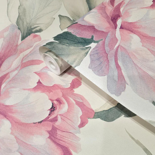 CB90019 Floral off white green pink large peony flowers focal botanical blooms Wallpaper