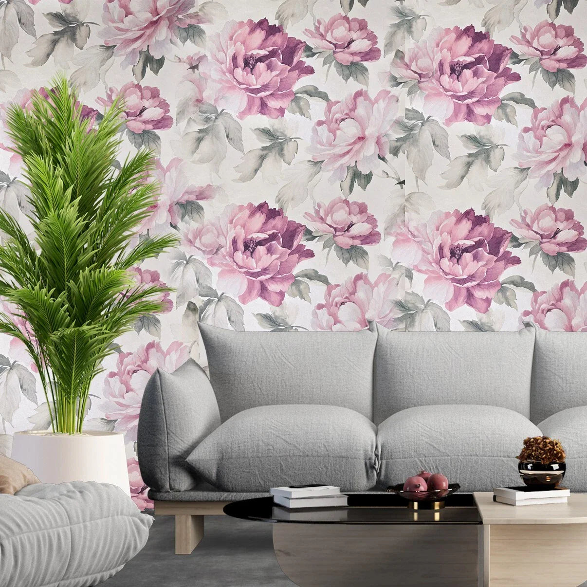 CB90019 Floral off white green pink large peony flowers focal botanical blooms Wallpaper