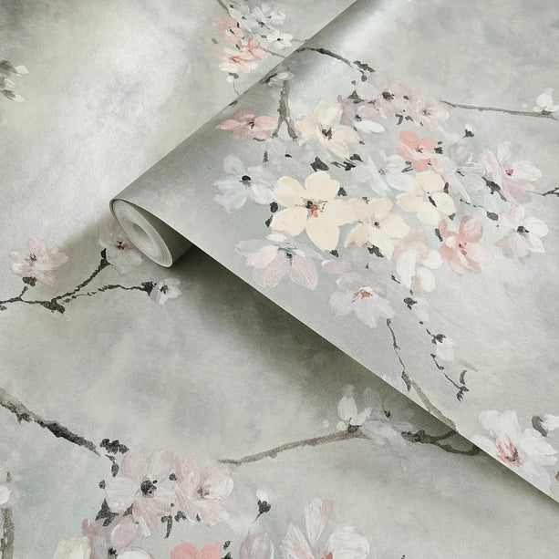 CB90208 Gray silver watercolor white pink cherry blossom branches Chinoiserie wallpaper