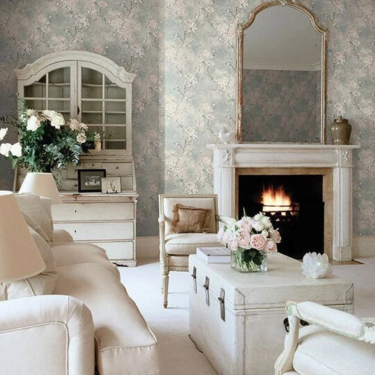 CB90208 Gray silver watercolor white pink cherry blossom branches Chinoiserie wallpaper