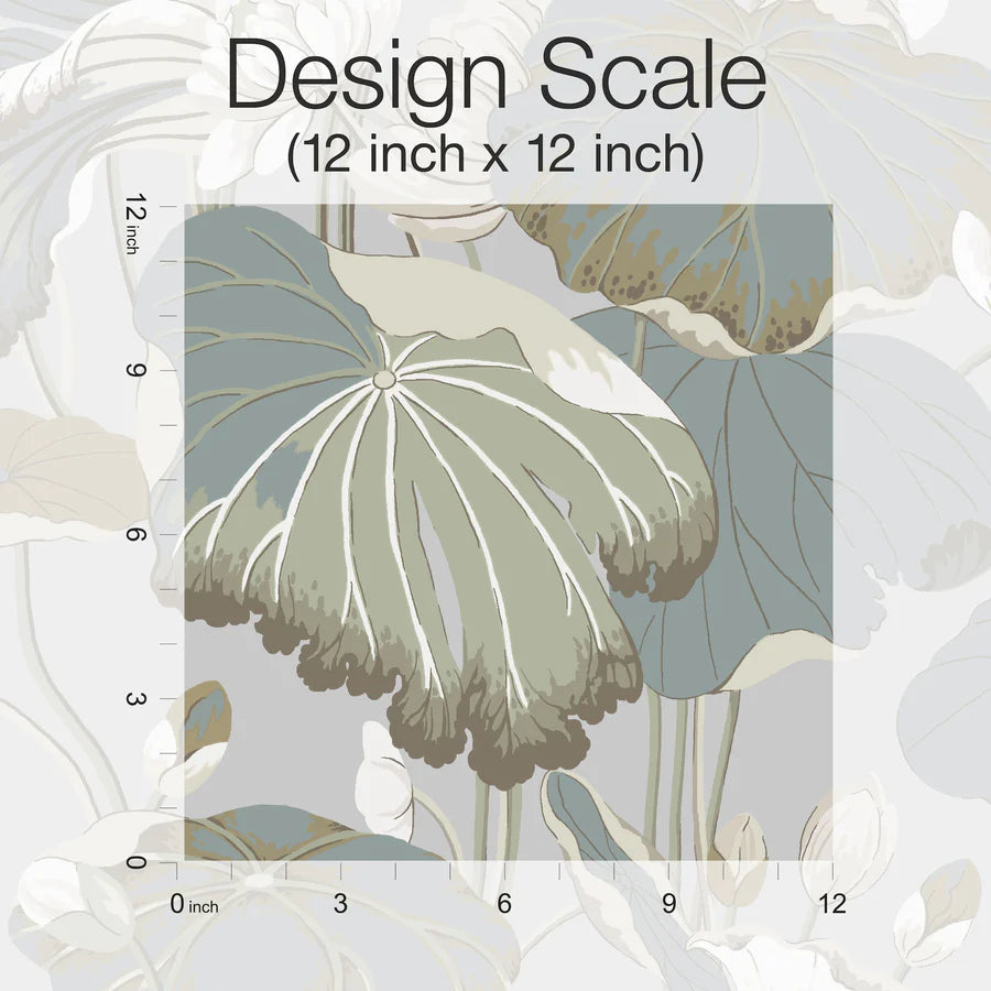 York GO8294 Lotus Pond Grey & Blue Wallpaper