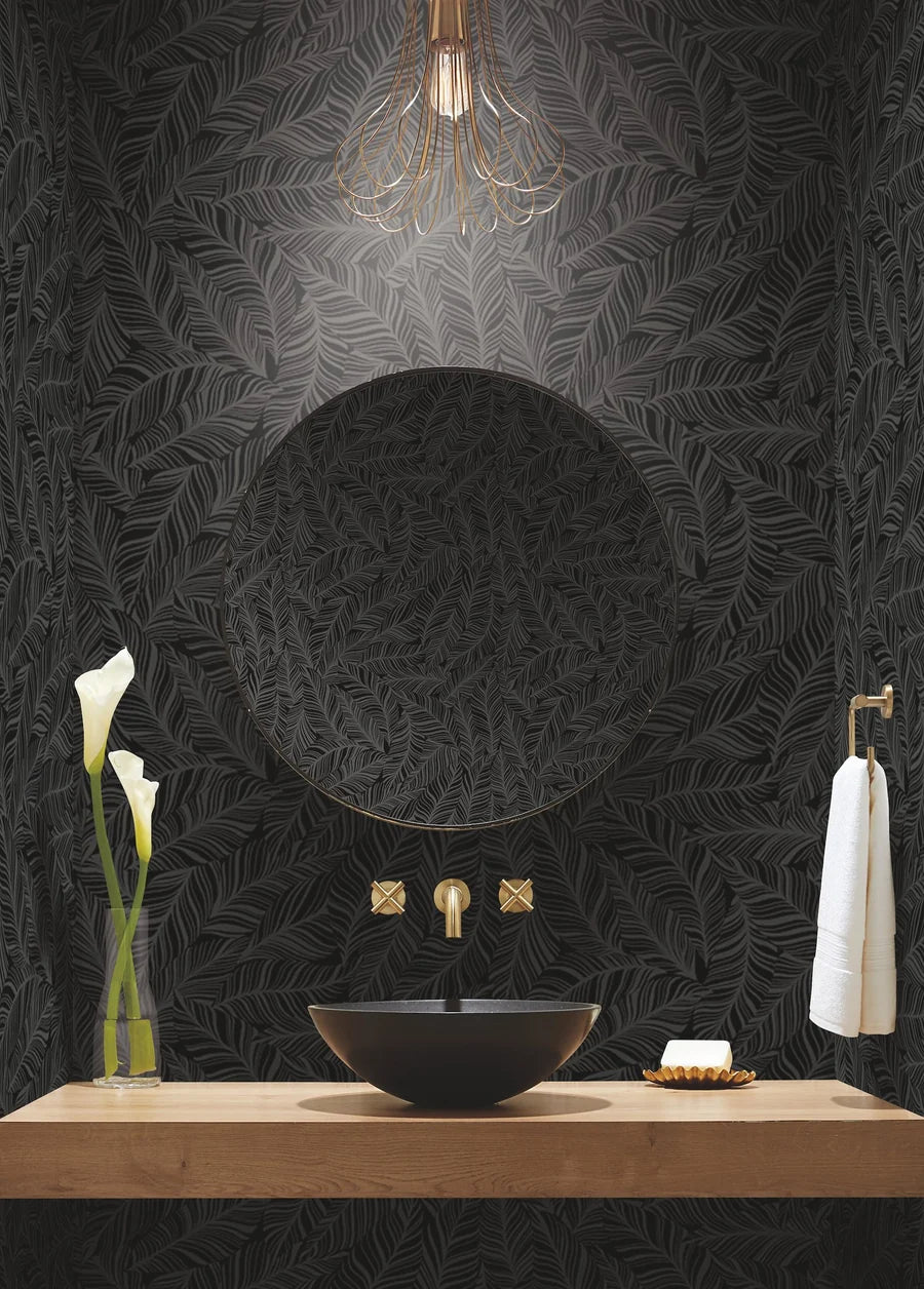 Rainforest Canopy Black Wallpaper with Botanical Palm Leaf Motif - York TC2712