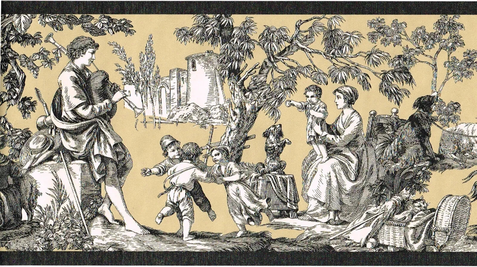 Black Tan Colonial Toile Victorian Wallpaper Border ROSEDALE WPB356-0