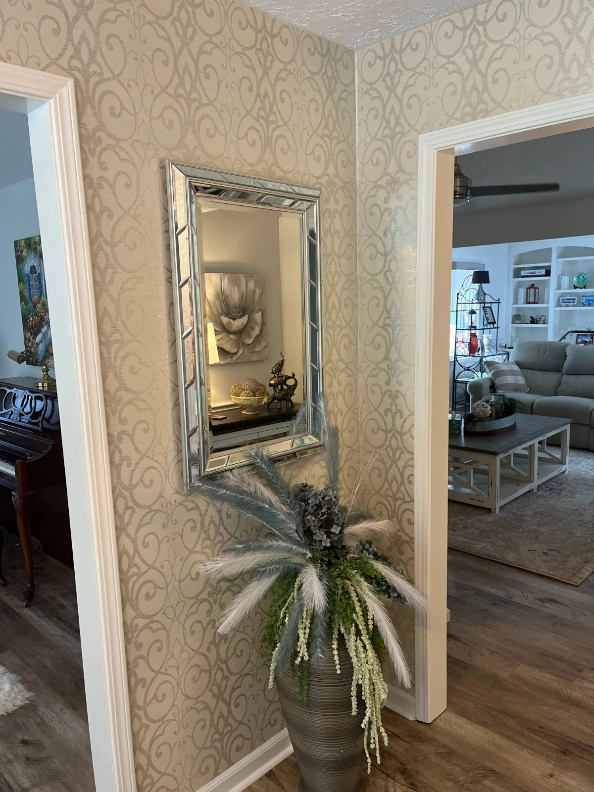 Seafoam Green / Sliver  Filigree Trellis Grasscloth FL6605